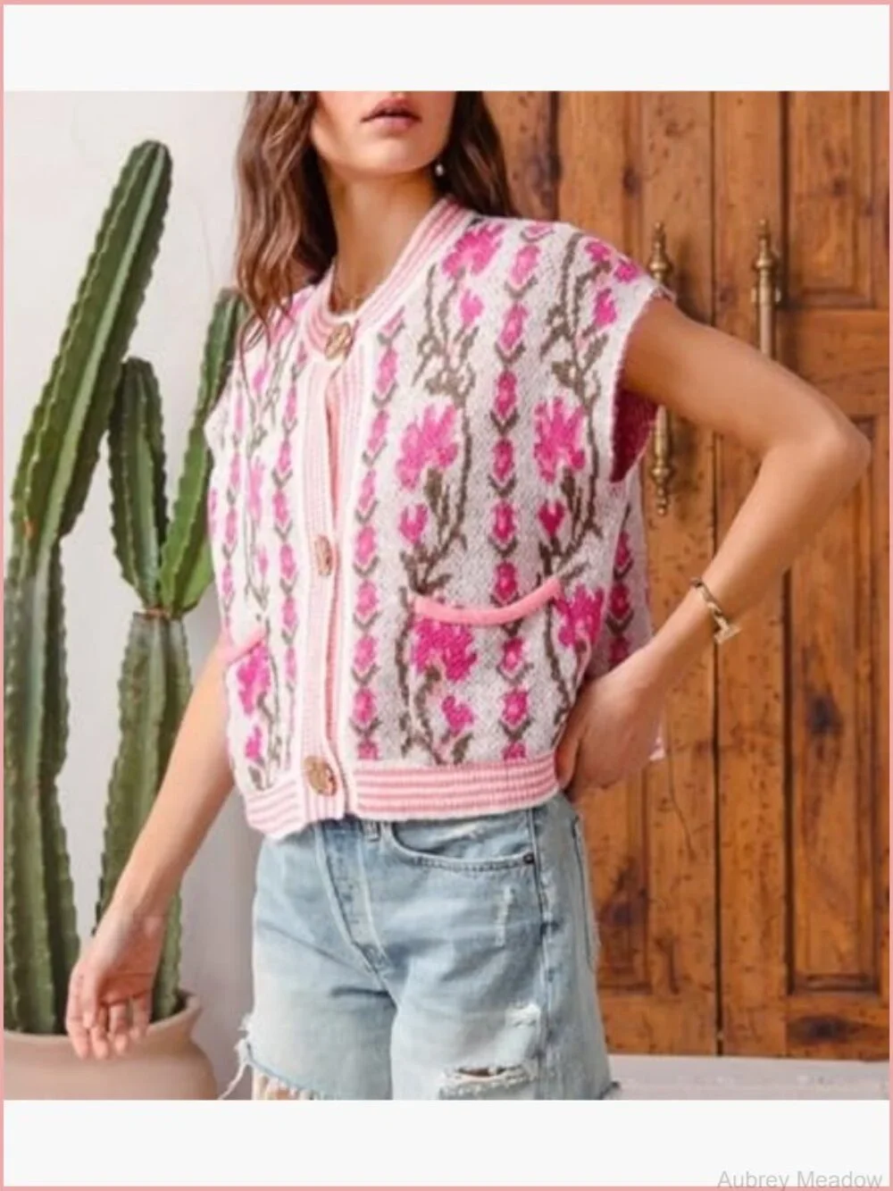 Sleeveless Floral Button Down Knit Sweater Vest Pockets - Picture 3 of 5